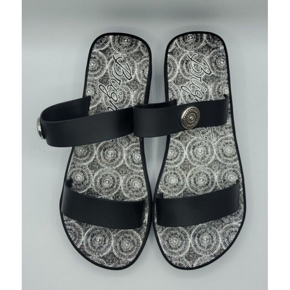 Brighton Sandals Size 10 Leather Black Medallion Wedge Cushioned Slip On - Picture 3 of 14